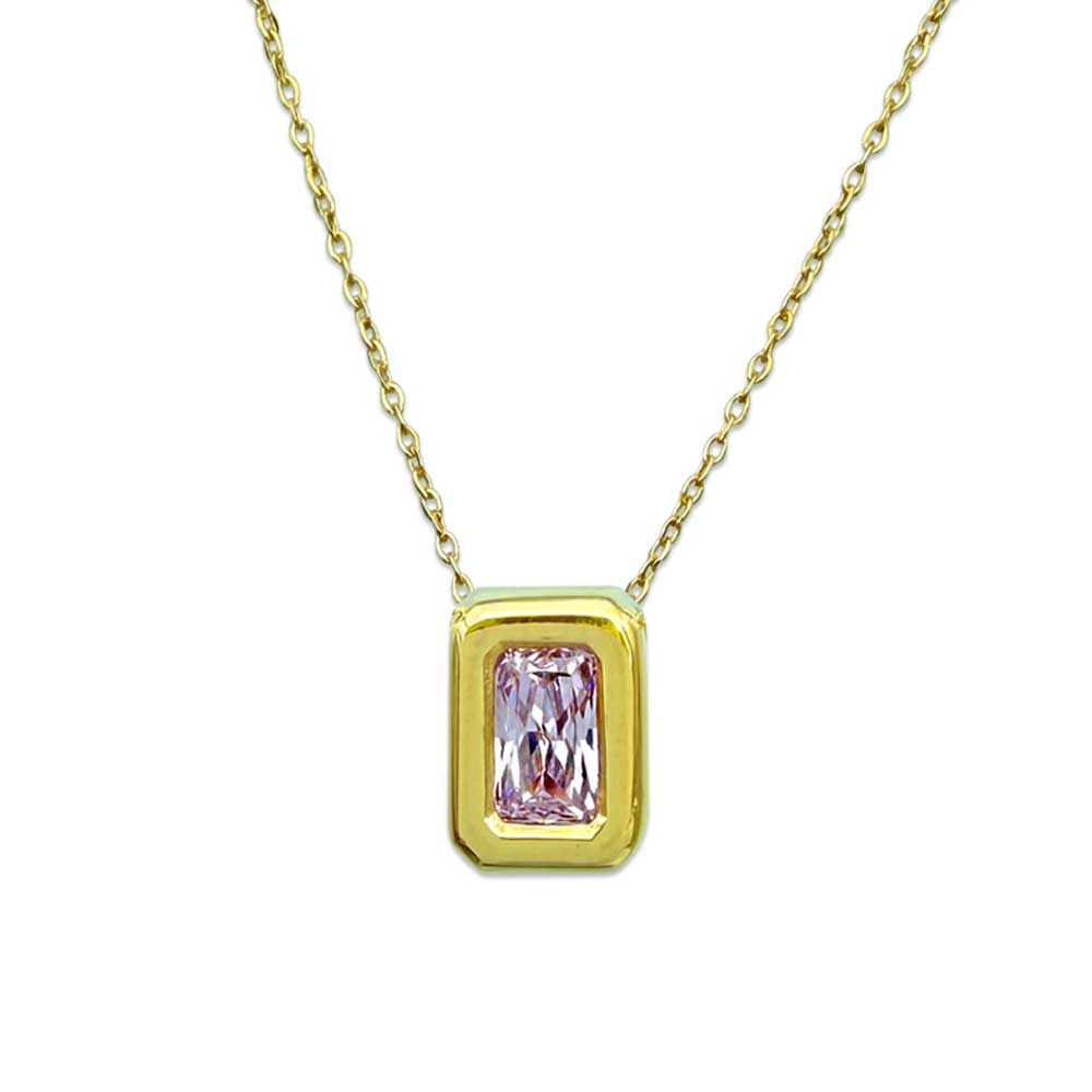 گردنبند طلا زرد با سنگ زیرکون صورتی تراش باگت – ZG-N-024