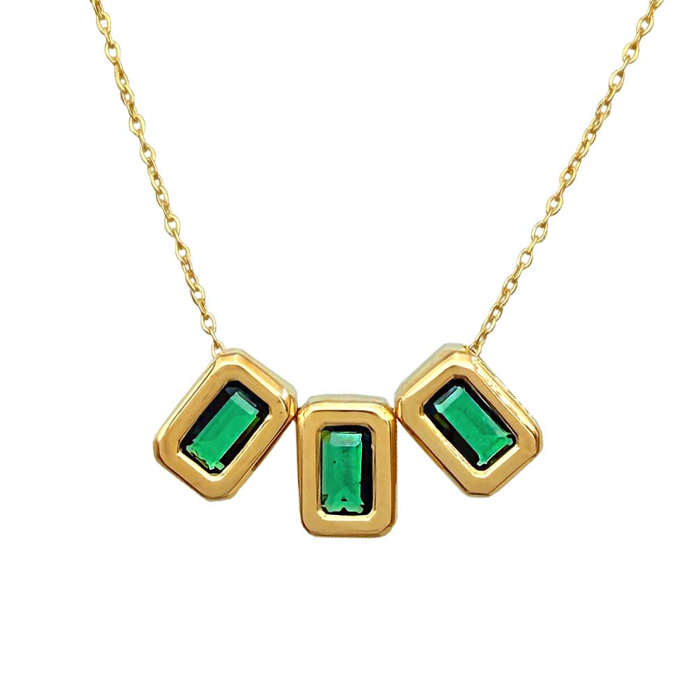 گردنبند طلا زرد با سه سنگ سبز زیرکون تراش باگت – ZG-N-025