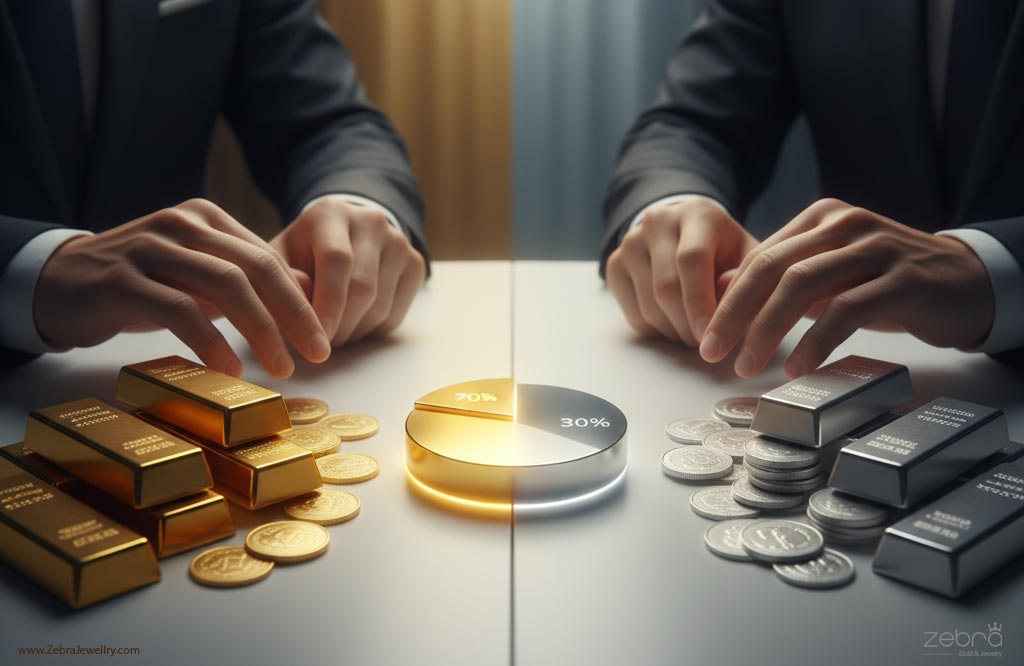 تصویر مفهومی تصمیم‌گیری بین سرمایه‌گذاری در طلا و نقره با استراتژی ترکیبی ۷۰ به ۳۰