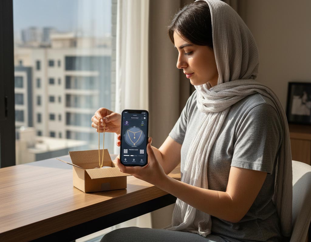 دختر ایرانی در سال 2025 در حال باز کردن بسته جواهر NFT و مشاهده آن در کیف پول دیجیتال