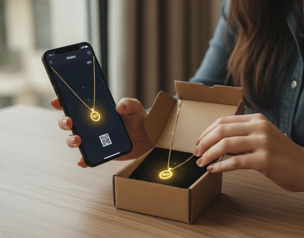 نمای نزدیک دختر ایرانی در حال باز کردن جعبه طلای دیجیتال NFT و مشاهده آن در کیف پول دیجیتال روی گوشی
