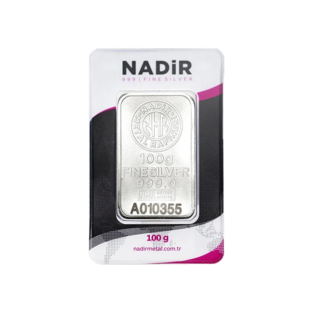 شمش نقره ۱۰۰ گرمی نادیر گلد با بسته‌بندی کارتی چاپی و عیار 999.9