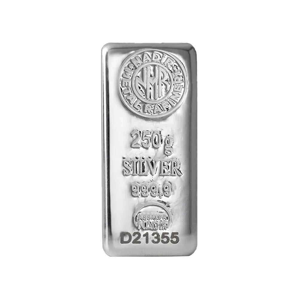 شمش نقره ۲۵۰ گرمی نادیر گلد با عیار 999.9 و کارت شناسنامه اختصاصی