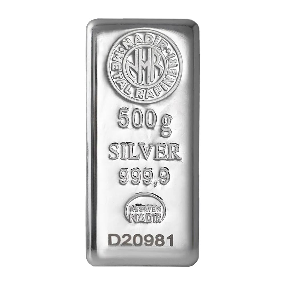 شمش نقره ۵۰۰ گرمی نادیر گلد با عیار 999.9 و کارت شناسنامه اختصاصی