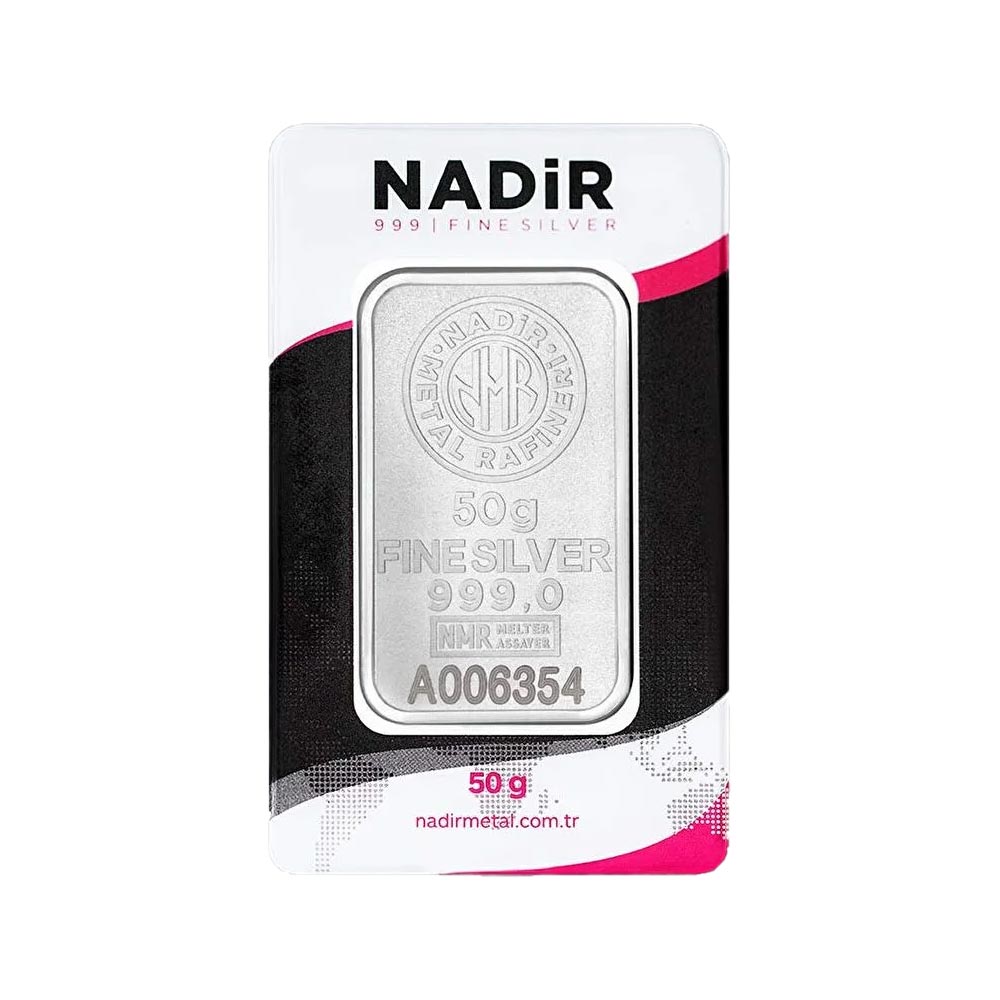 شمش نقره ۵۰ گرمی نادر گلد Nadir Gold با شناسنامه و سریال اختصاصی