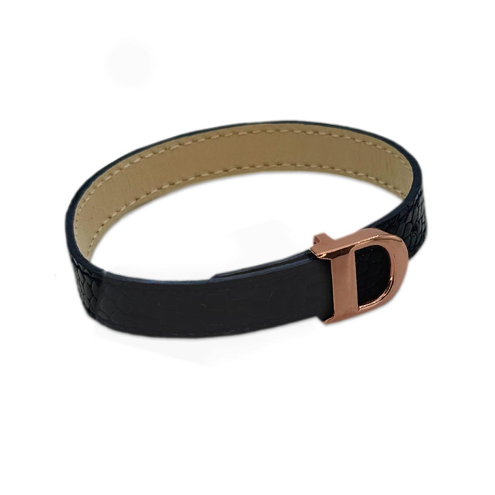 ZG-B-032 | دستبند چرم طلا حرف D رزگلد | زبرا گلد