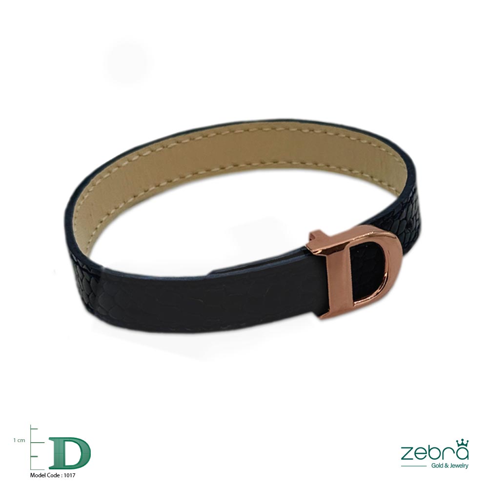 ZG-B-032 | دستبند چرم طلا حرف D رزگلد | زبرا گلد