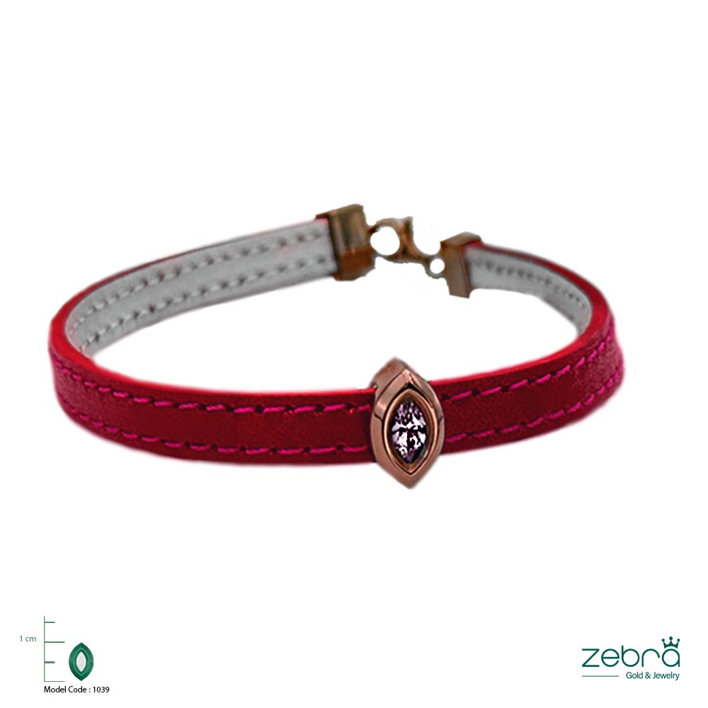 ZG-B-034 | دستبند چرم طلا با سنگ مارکیز صورتی رزگلد | زبرا گلد