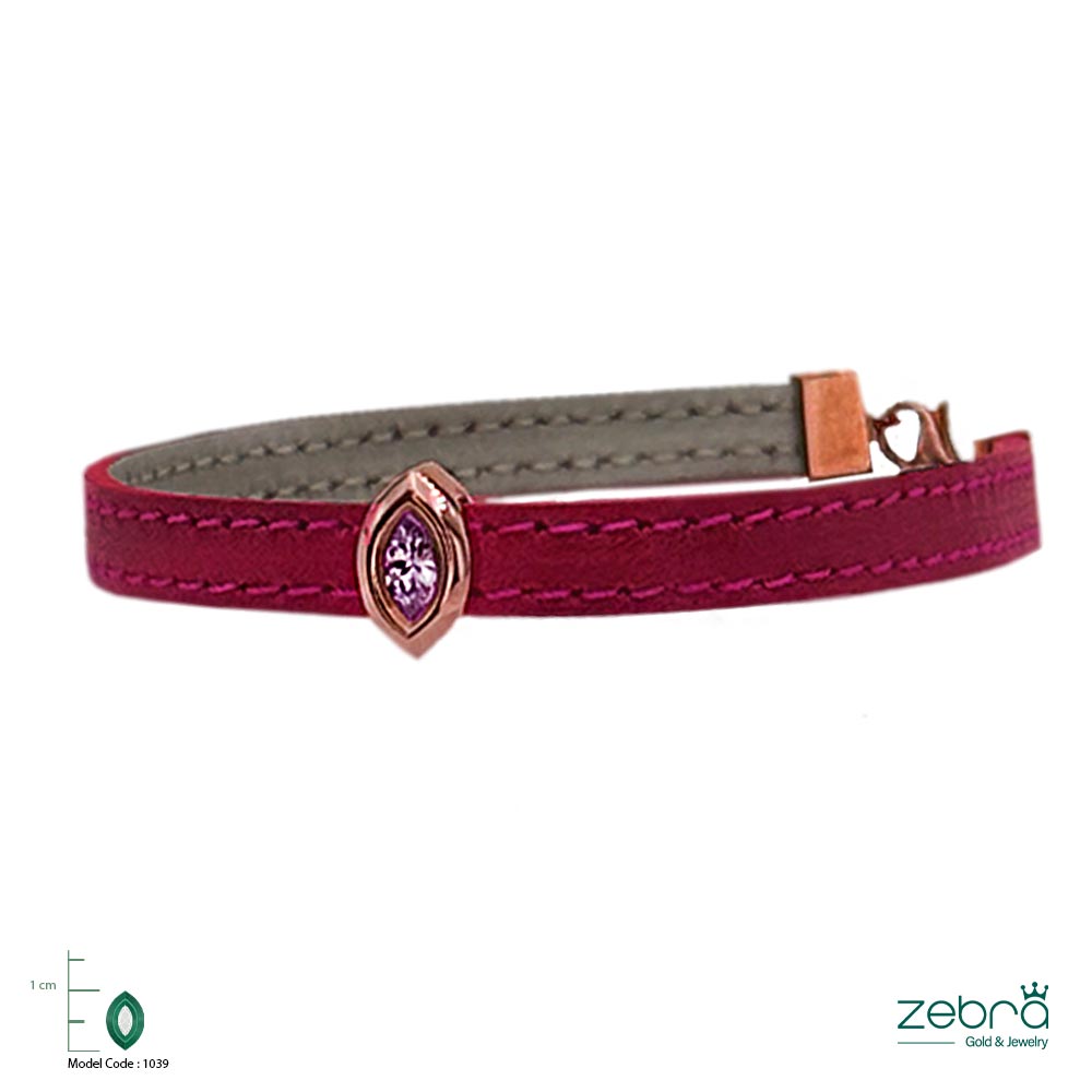 ZG-B-034 | دستبند چرم طلا با سنگ مارکیز صورتی رزگلد | زبرا گلد