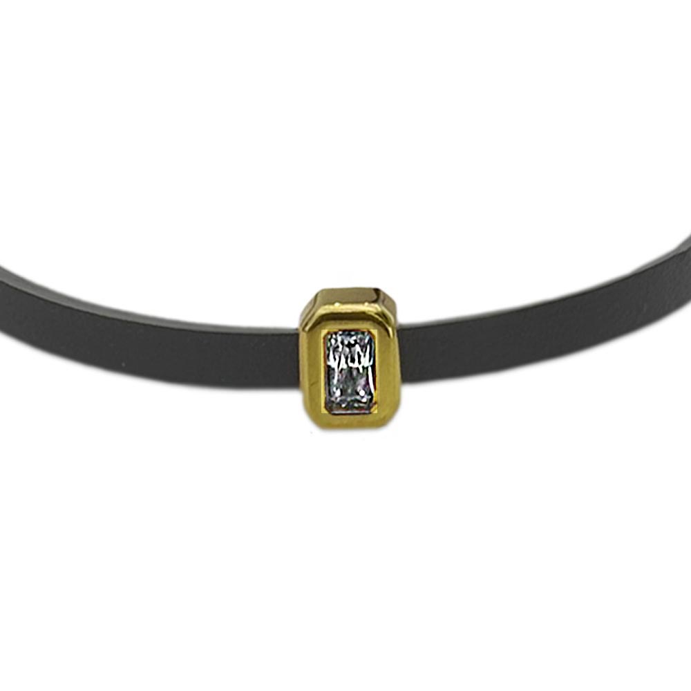 دستبند چرم و طلا طوسی زنانه با طلای زرد و سنگ زیرکون سفید مدل ZG-B-035