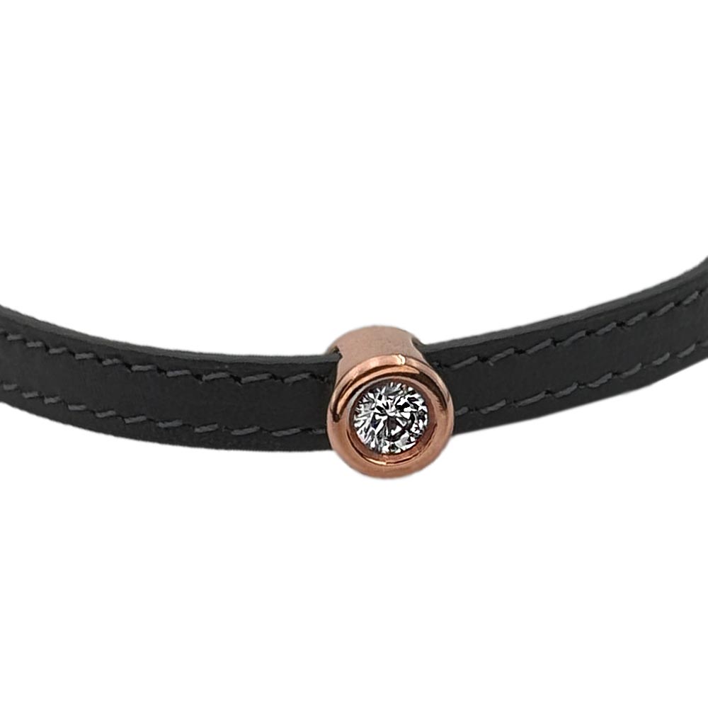 دستبند چرم طلا رزگلد با سنگ زیرکونیوم سفید گرد مدل ZG-B-038 زبراگلد