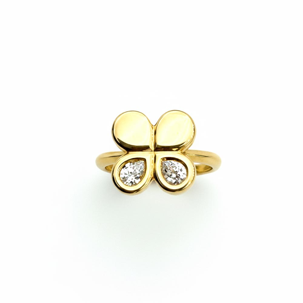 خرید انگشتر طلا زرد زنانه طرح گل چهارپر با نگین اشکی | ZG-R-044 | زبراگلد