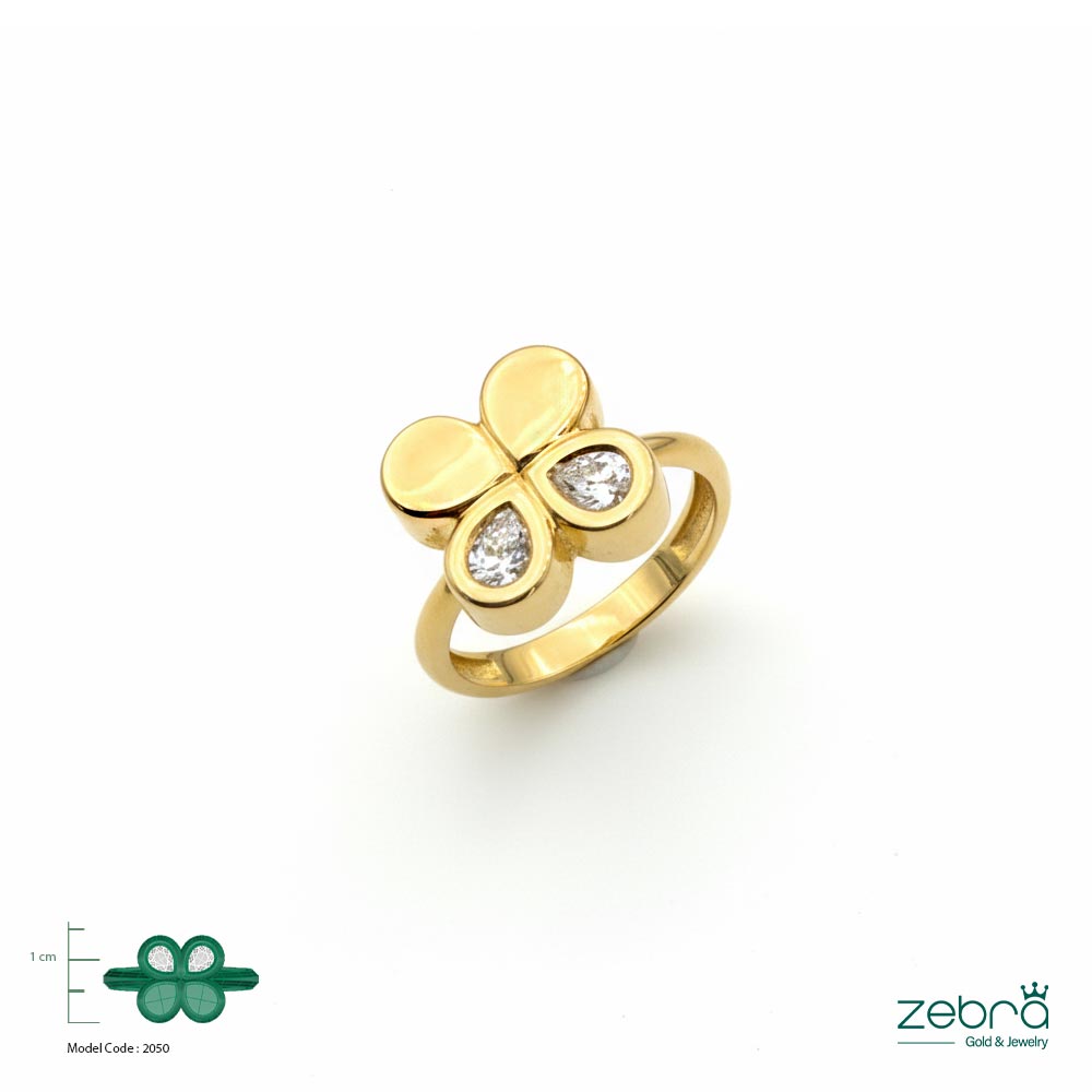 خرید انگشتر طلا زرد زنانه طرح گل چهارپر با نگین اشکی | ZG-R-044 | زبراگلد