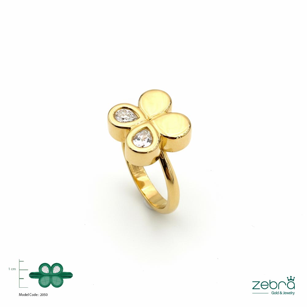 خرید انگشتر طلا زرد زنانه طرح گل چهارپر با نگین اشکی | ZG-R-044 | زبراگلد
