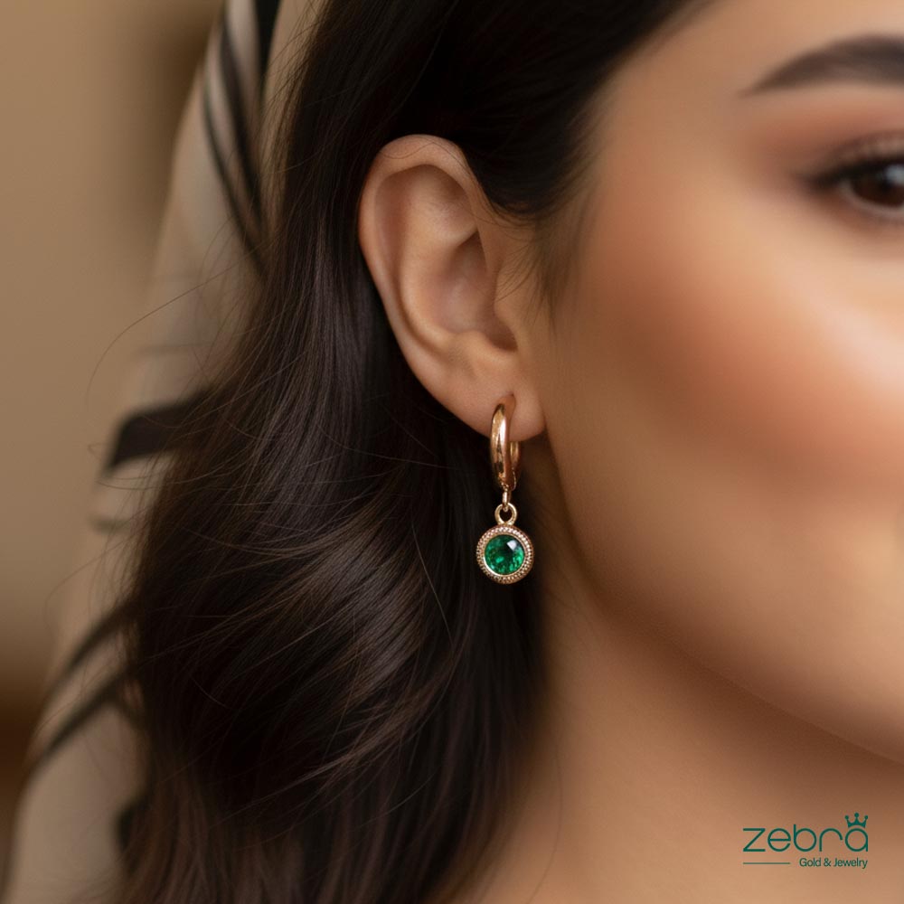 گوشواره طلا رزگلد نگین سبز حلقهای زبراگلد | ZG-E-056