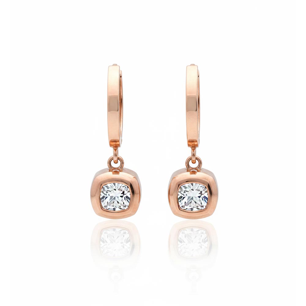 گوشواره طلا رزگلد حلقه‌ای آویزدار با نگین کوشن سفید زبراگلد | ZG-E-066